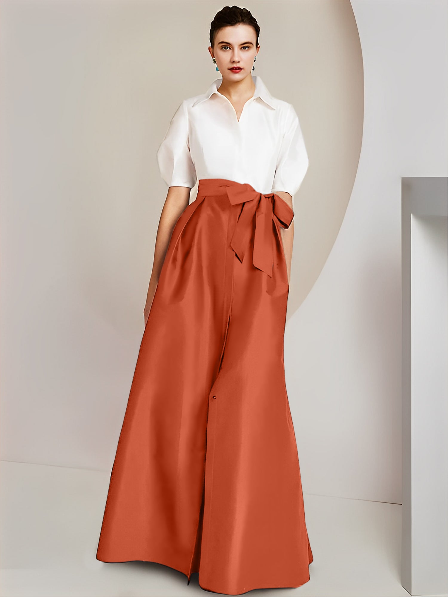 A-Line/Princess Shirt Collar Short Sleeves Floor-Length Mother Of The Bride Dresses with Bowknot