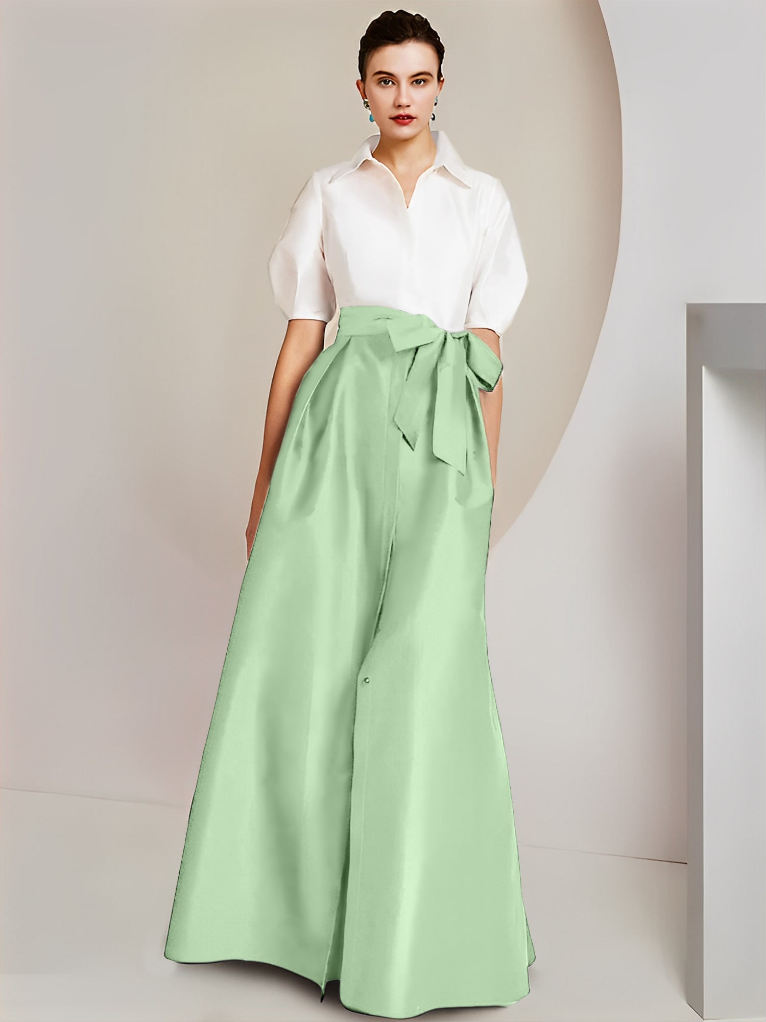 A-Line/Princess Shirt Collar Short Sleeves Floor-Length Mother Of The Bride Dresses with Bowknot