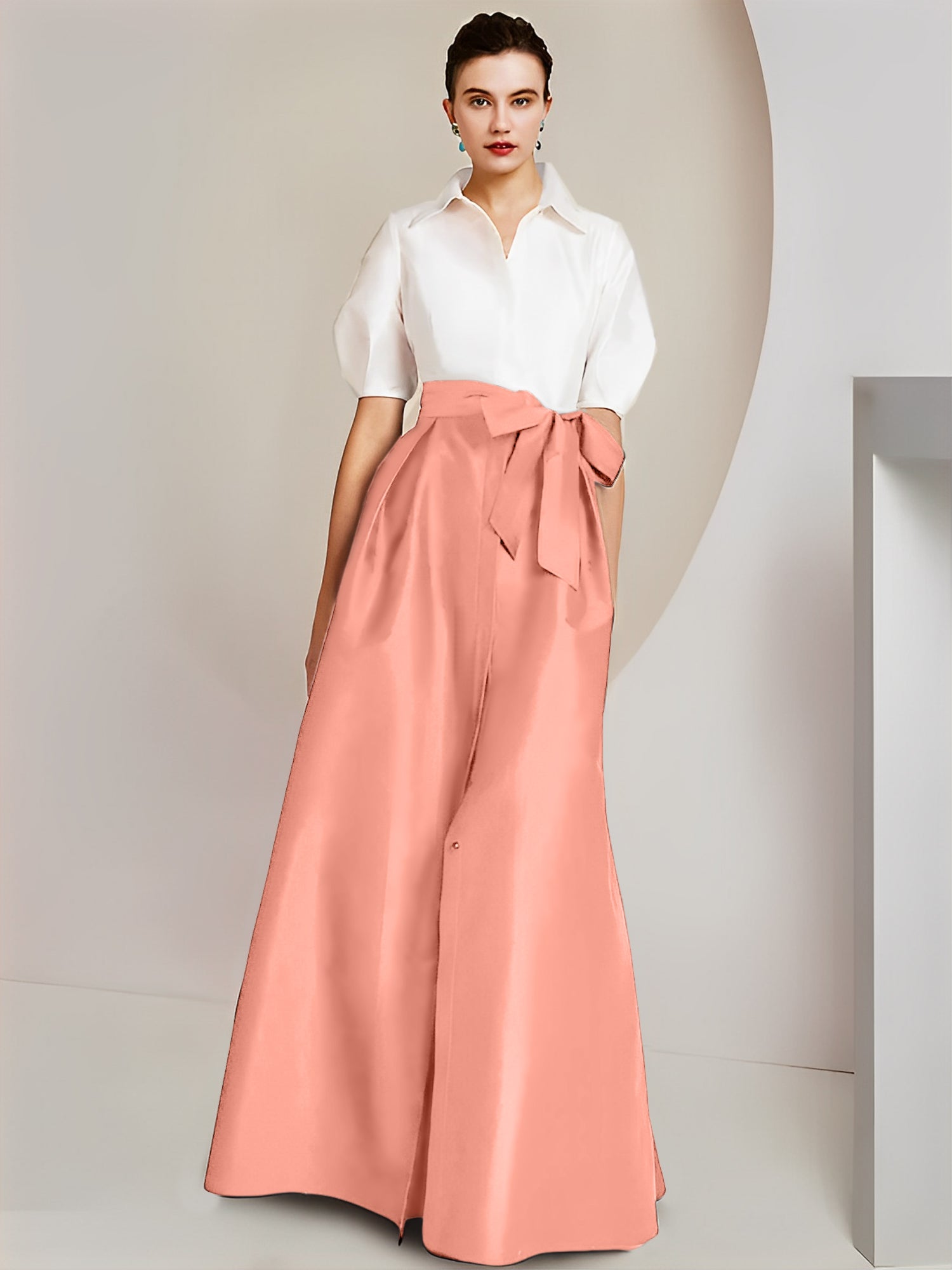 A-Line/Princess Shirt Collar Short Sleeves Floor-Length Mother Of The Bride Dresses with Bowknot