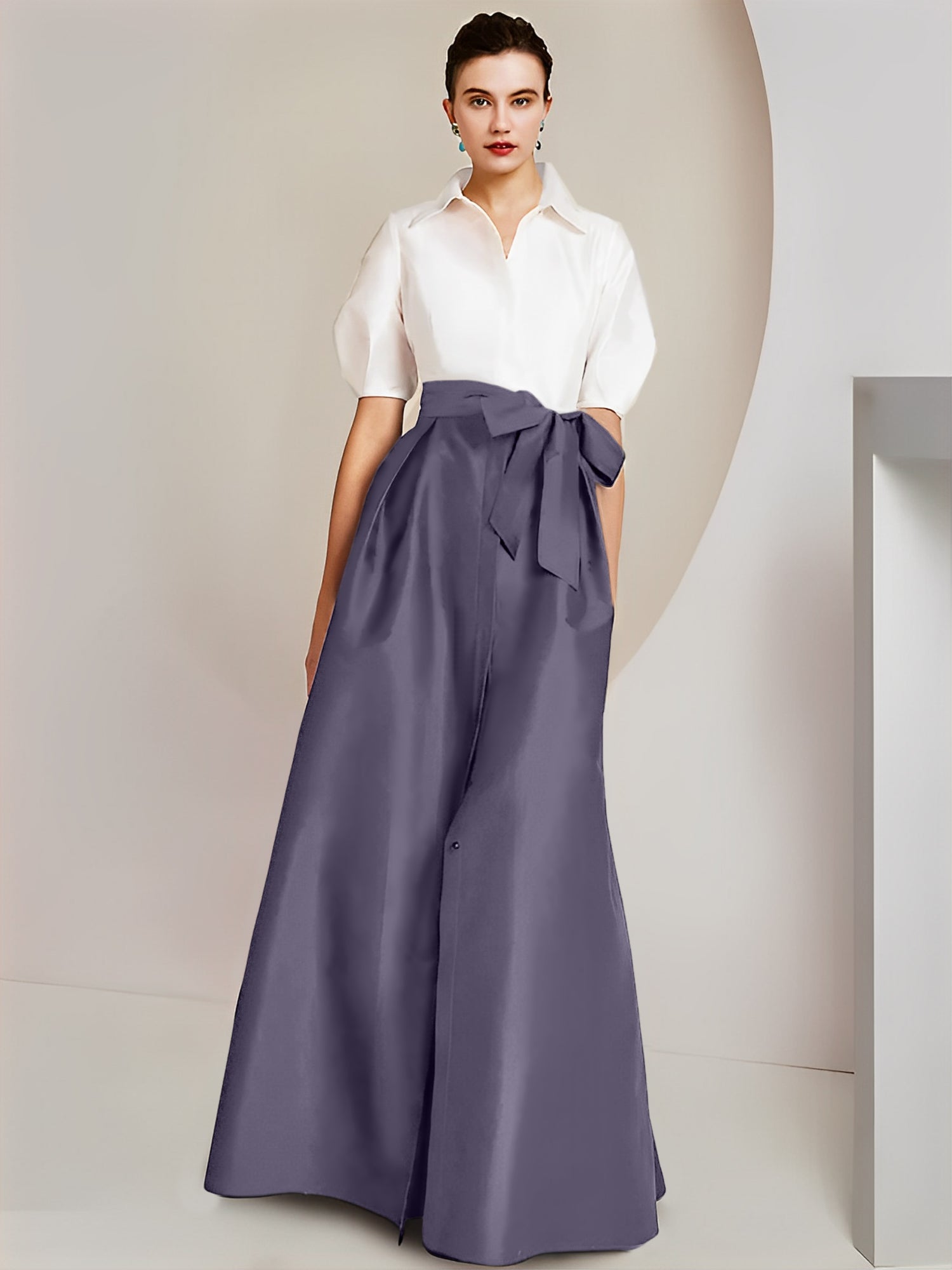 A-Line/Princess Shirt Collar Short Sleeves Floor-Length Mother Of The Bride Dresses with Bowknot