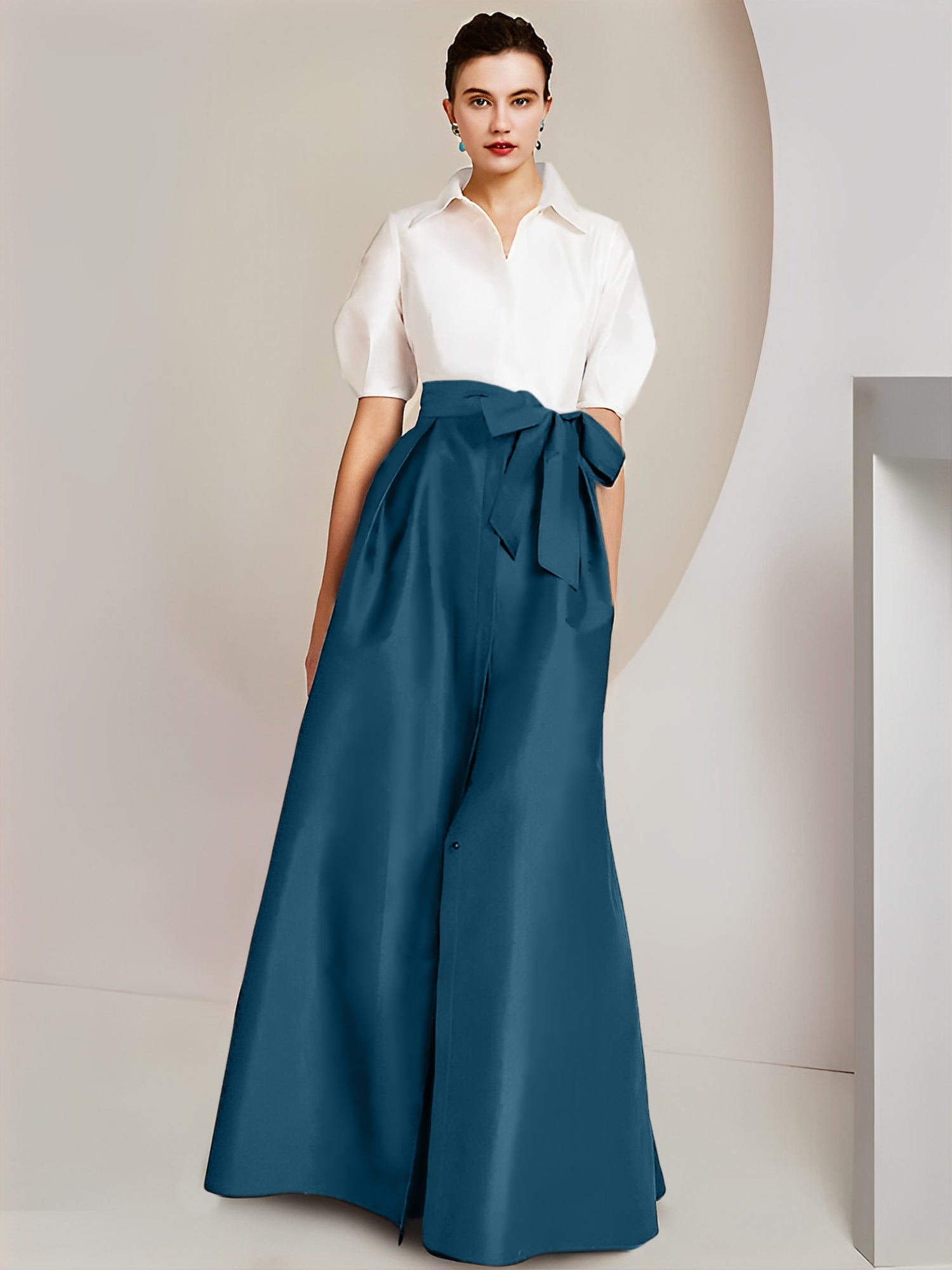 A-Line/Princess Shirt Collar Short Sleeves Floor-Length Mother Of The Bride Dresses with Bowknot
