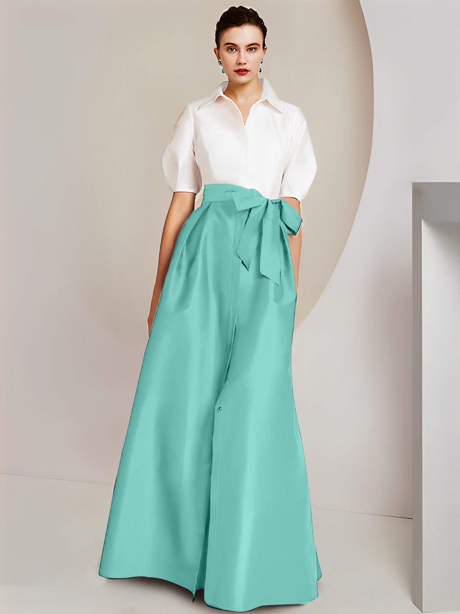 A-Line/Princess Shirt Collar Short Sleeves Floor-Length Mother Of The Bride Dresses with Bowknot