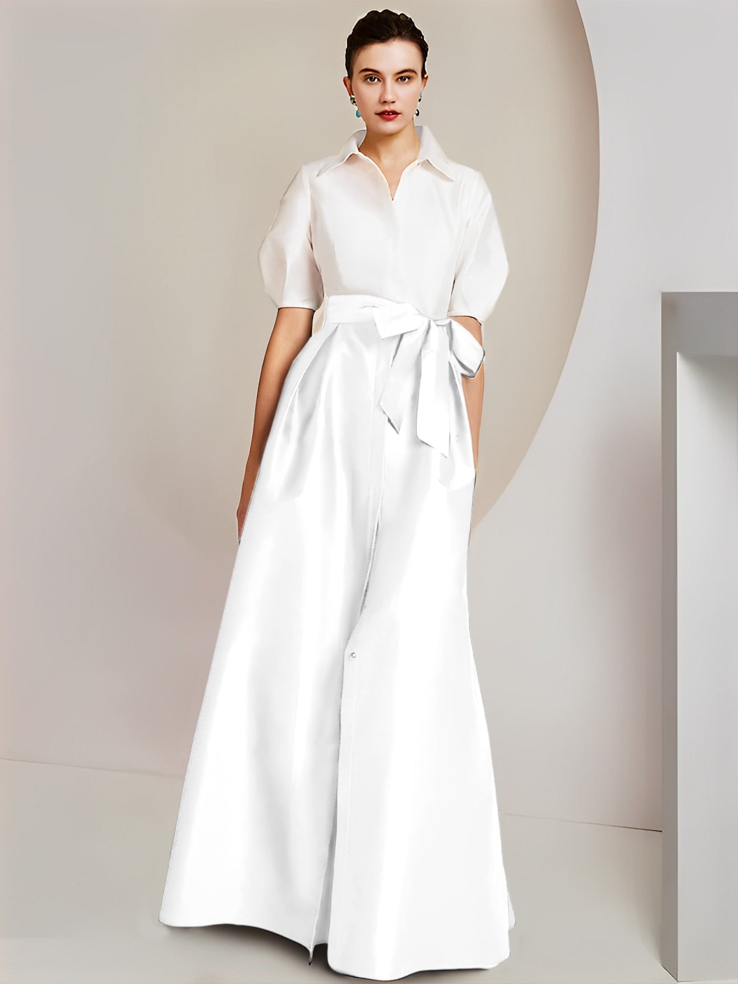 A-Line/Princess Shirt Collar Short Sleeves Floor-Length Mother Of The Bride Dresses with Bowknot