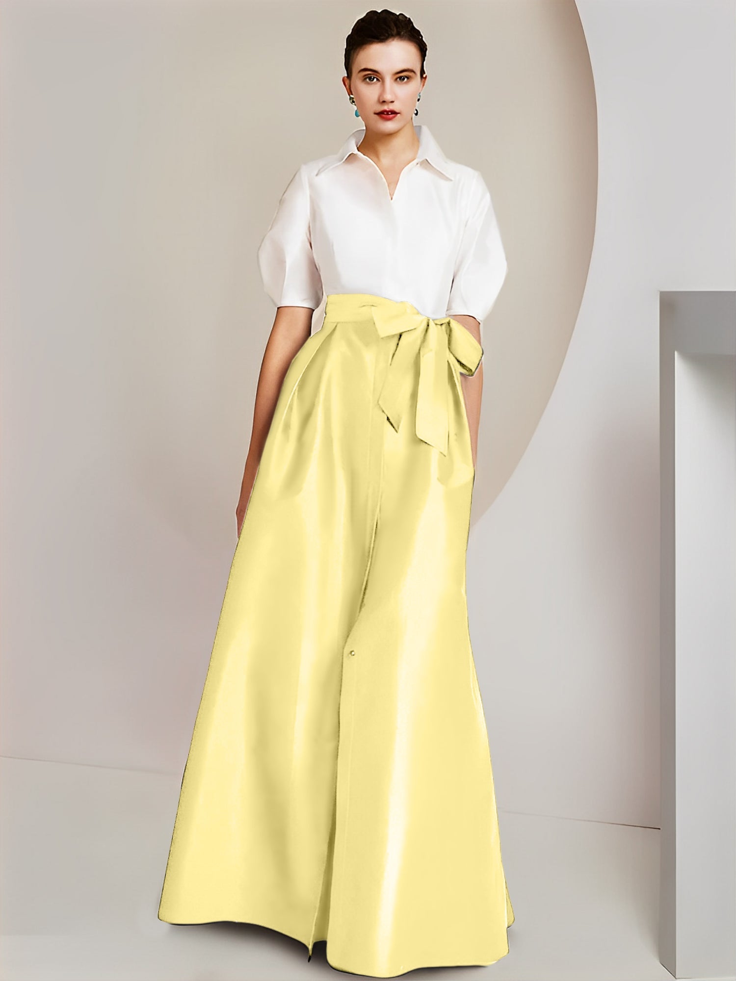A-Line/Princess Shirt Collar Short Sleeves Floor-Length Mother Of The Bride Dresses with Bowknot