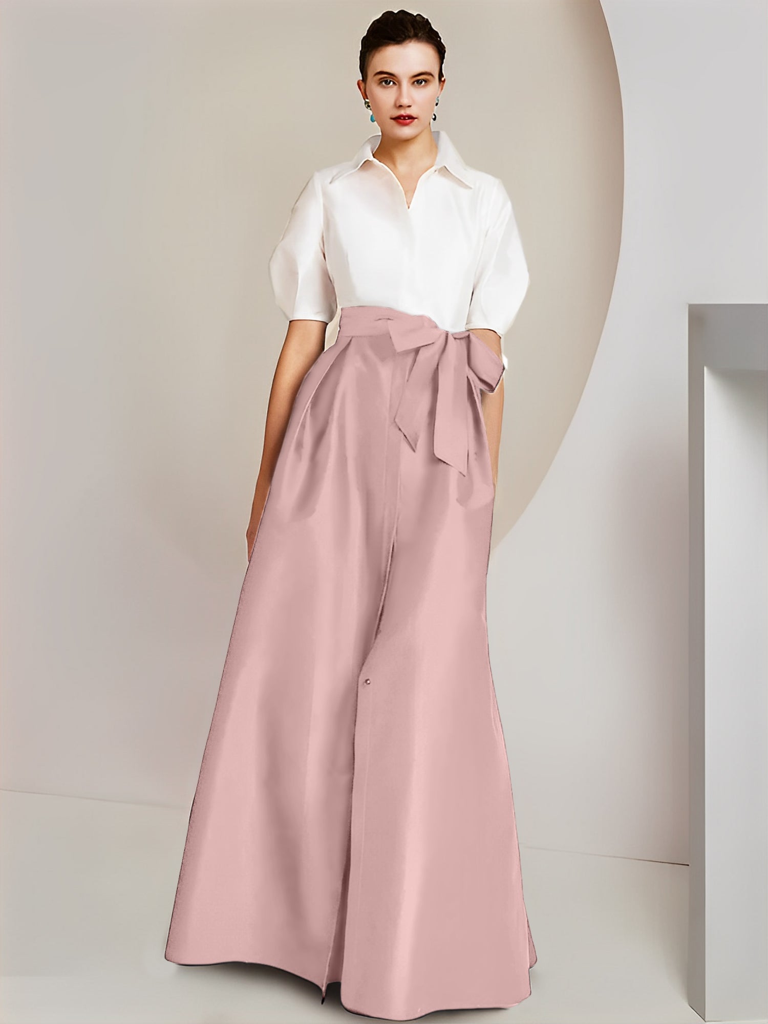 A-Line/Princess Shirt Collar Short Sleeves Floor-Length Mother Of The Bride Dresses with Bowknot