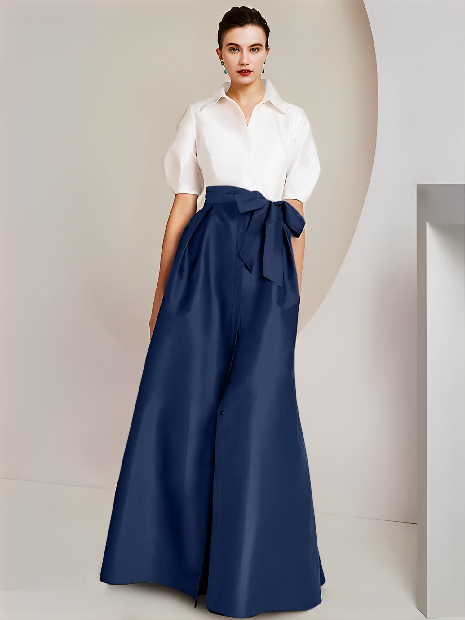 A-Line/Princess Shirt Collar Short Sleeves Floor-Length Mother Of The Bride Dresses with Bowknot