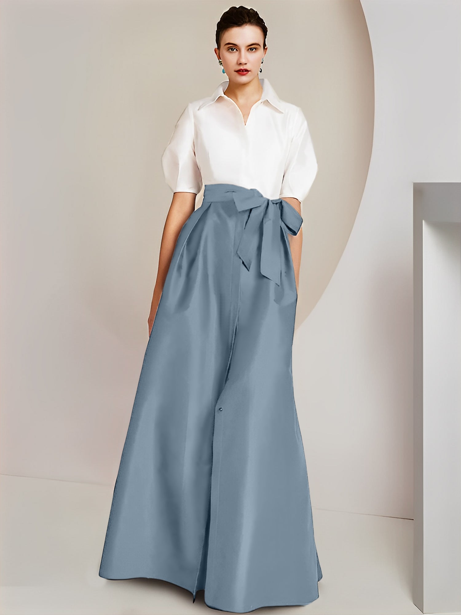 A-Line/Princess Shirt Collar Short Sleeves Floor-Length Mother Of The Bride Dresses with Bowknot