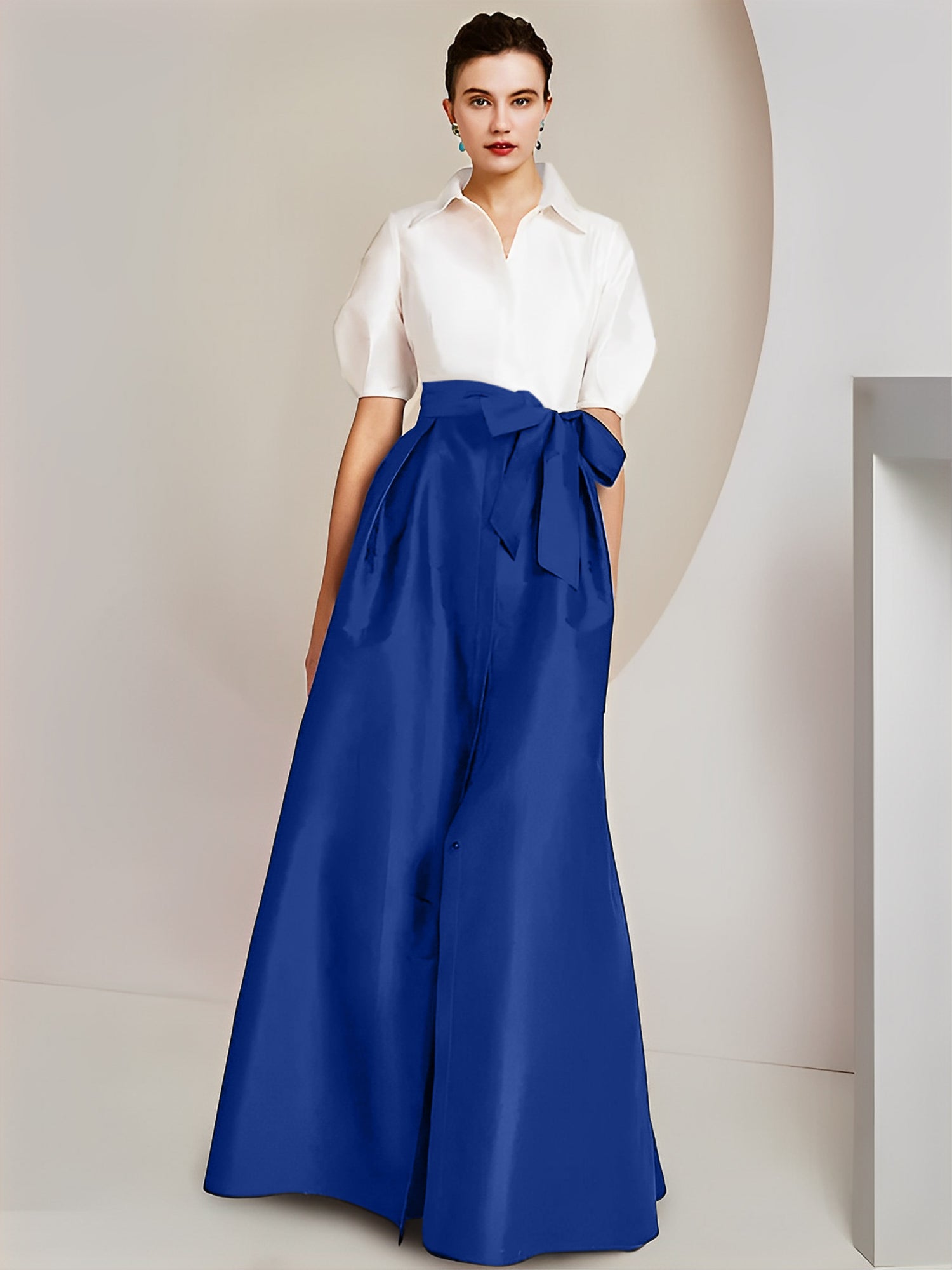 A-Line/Princess Shirt Collar Short Sleeves Floor-Length Mother Of The Bride Dresses with Bowknot