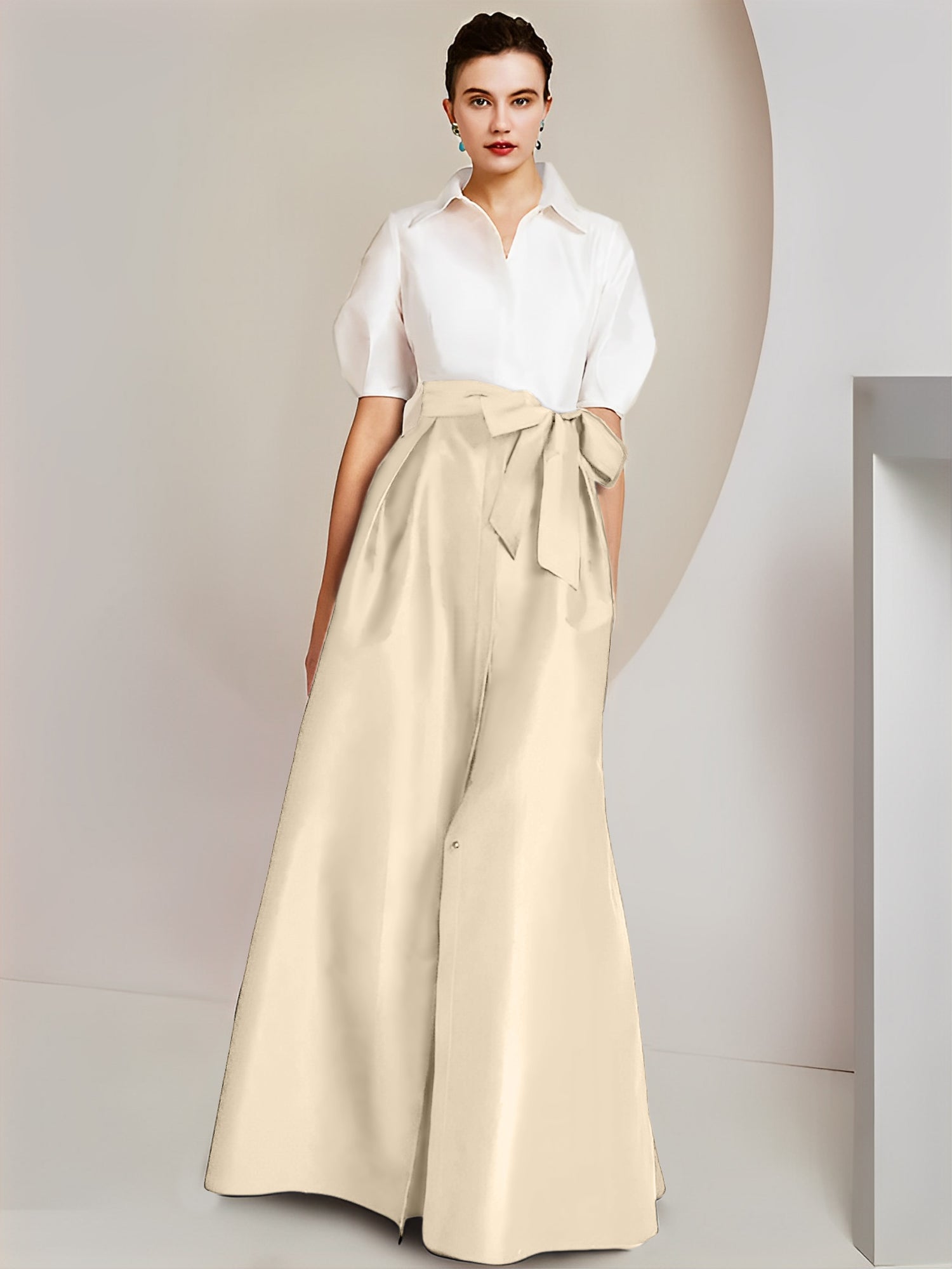A-Line/Princess Shirt Collar Short Sleeves Floor-Length Mother Of The Bride Dresses with Bowknot
