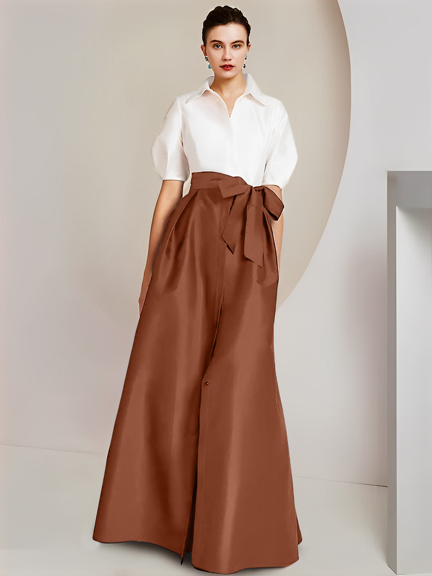 A-Line/Princess Shirt Collar Short Sleeves Floor-Length Mother Of The Bride Dresses with Bowknot