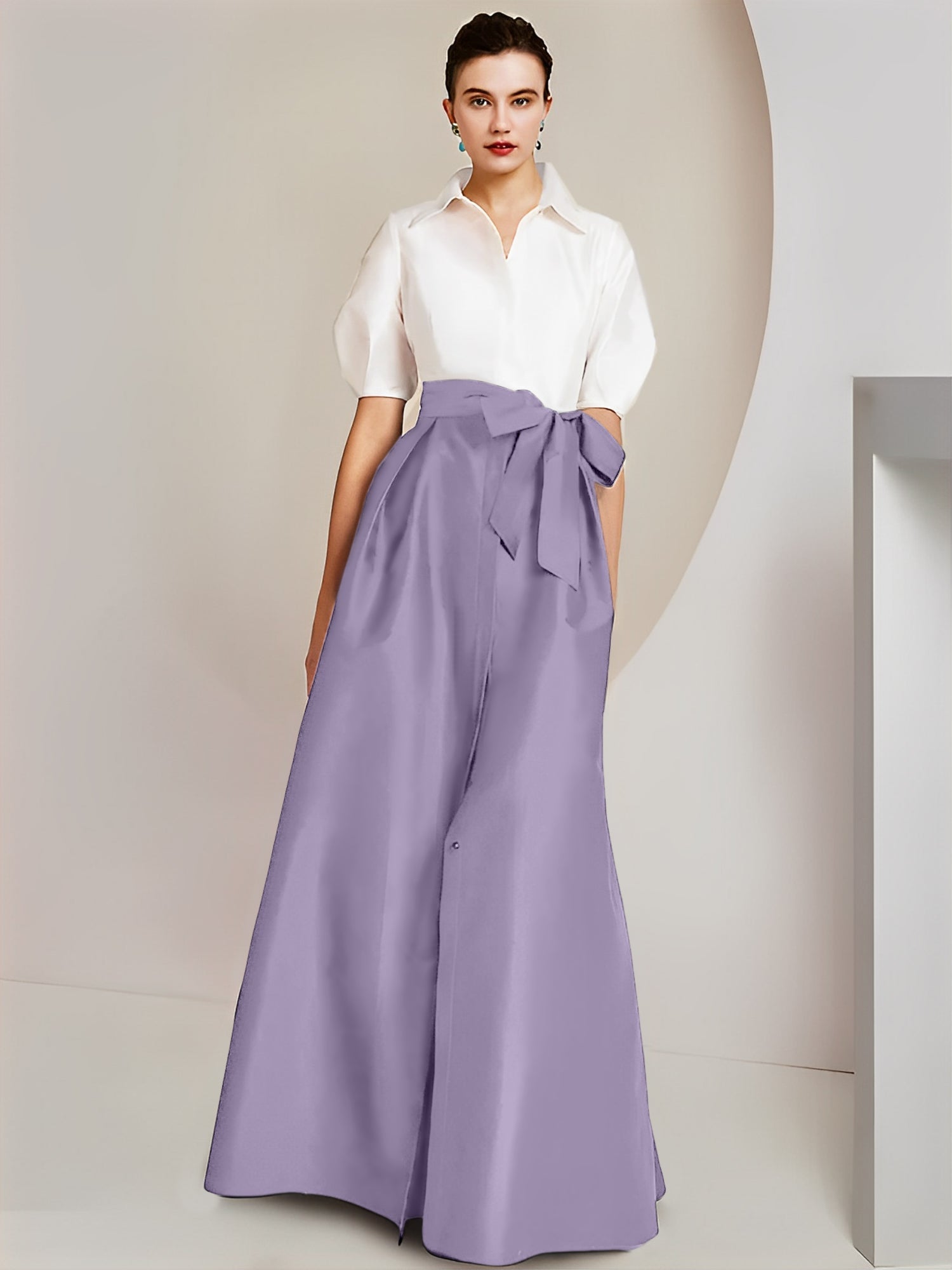 A-Line/Princess Shirt Collar Short Sleeves Floor-Length Mother Of The Bride Dresses with Bowknot
