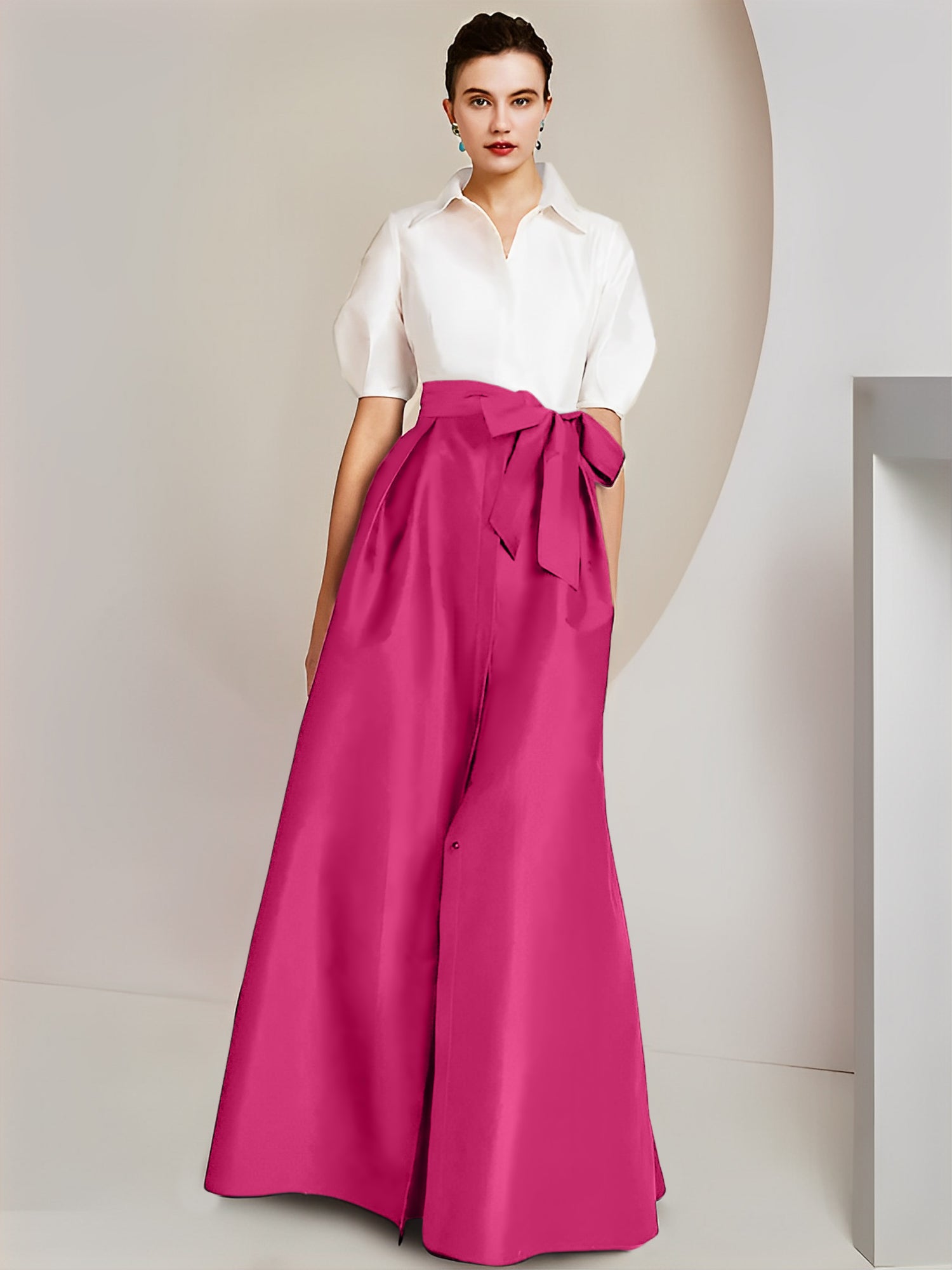 A-Line/Princess Shirt Collar Short Sleeves Floor-Length Mother Of The Bride Dresses with Bowknot