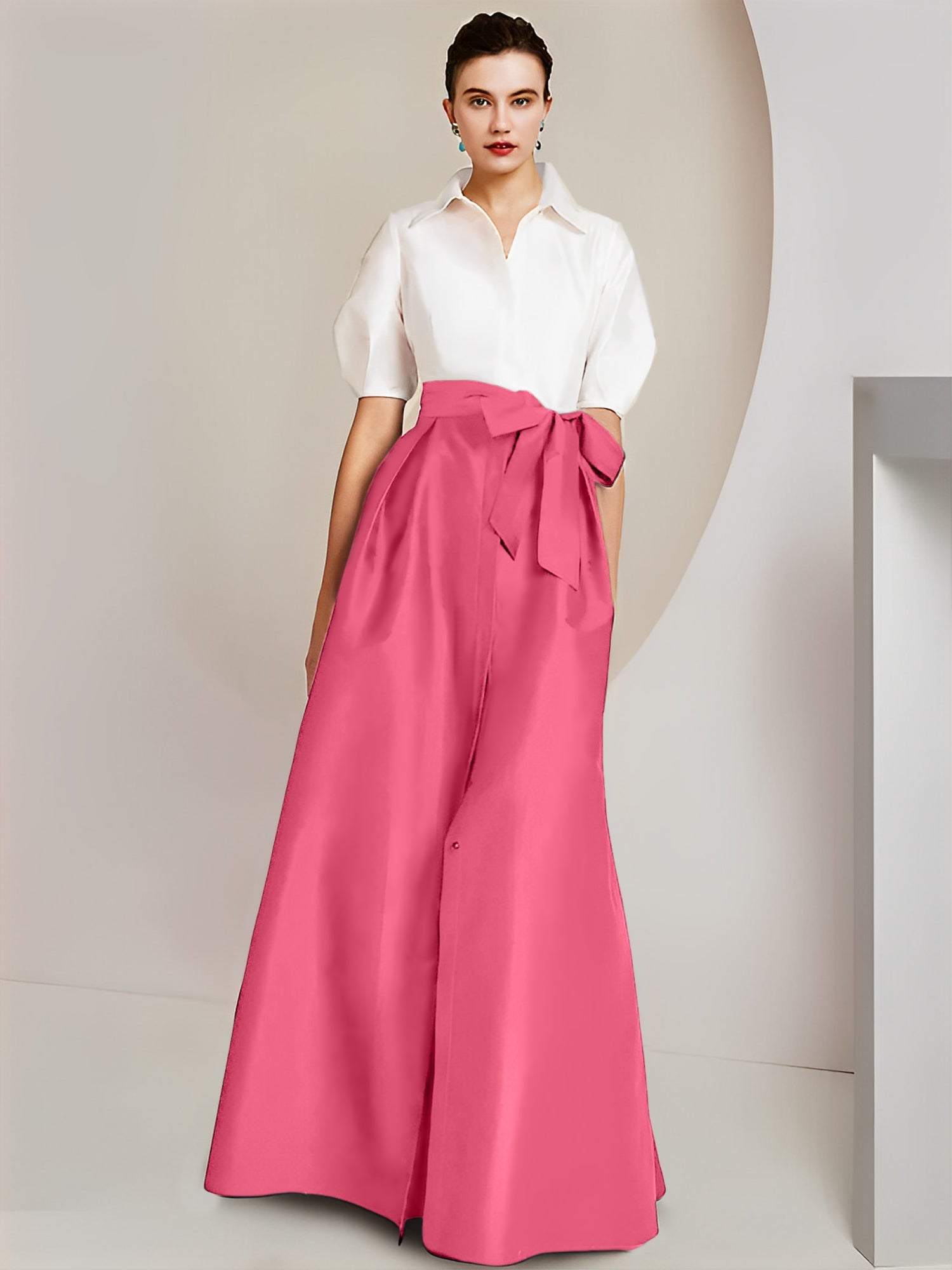 A-Line/Princess Shirt Collar Short Sleeves Floor-Length Mother Of The Bride Dresses with Bowknot