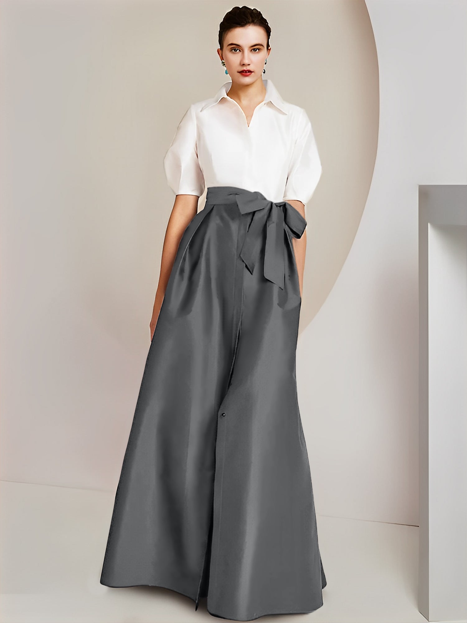 A-Line/Princess Shirt Collar Short Sleeves Floor-Length Mother Of The Bride Dresses with Bowknot