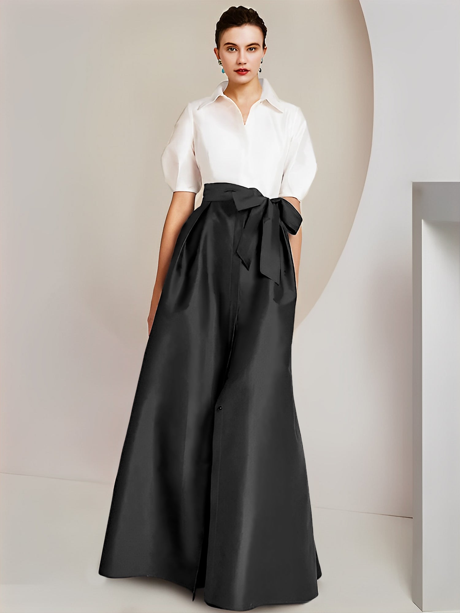 A-Line/Princess Shirt Collar Short Sleeves Floor-Length Mother Of The Bride Dresses with Bowknot