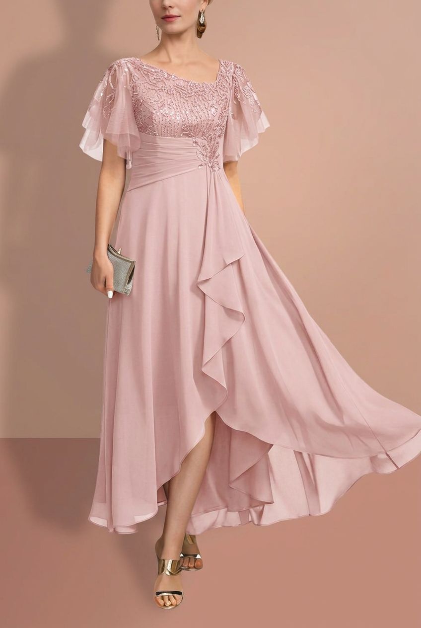 A-Line/Princess Short Sleeves Asymmetrical Mother of the Bride Dresses