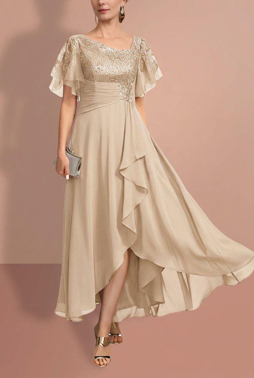 A-Line/Princess Short Sleeves Asymmetrical Mother of the Bride Dresses