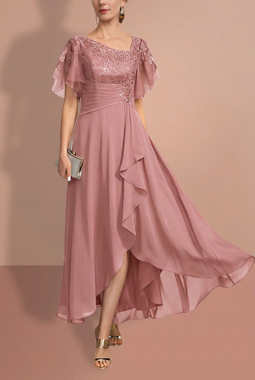 A-Line/Princess Short Sleeves Asymmetrical Mother of the Bride Dresses