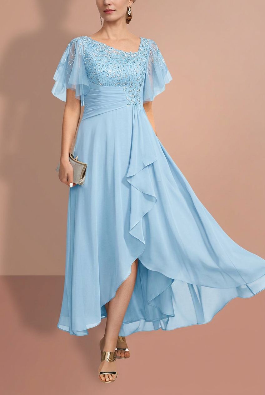A-Line/Princess Short Sleeves Asymmetrical Mother of the Bride Dresses