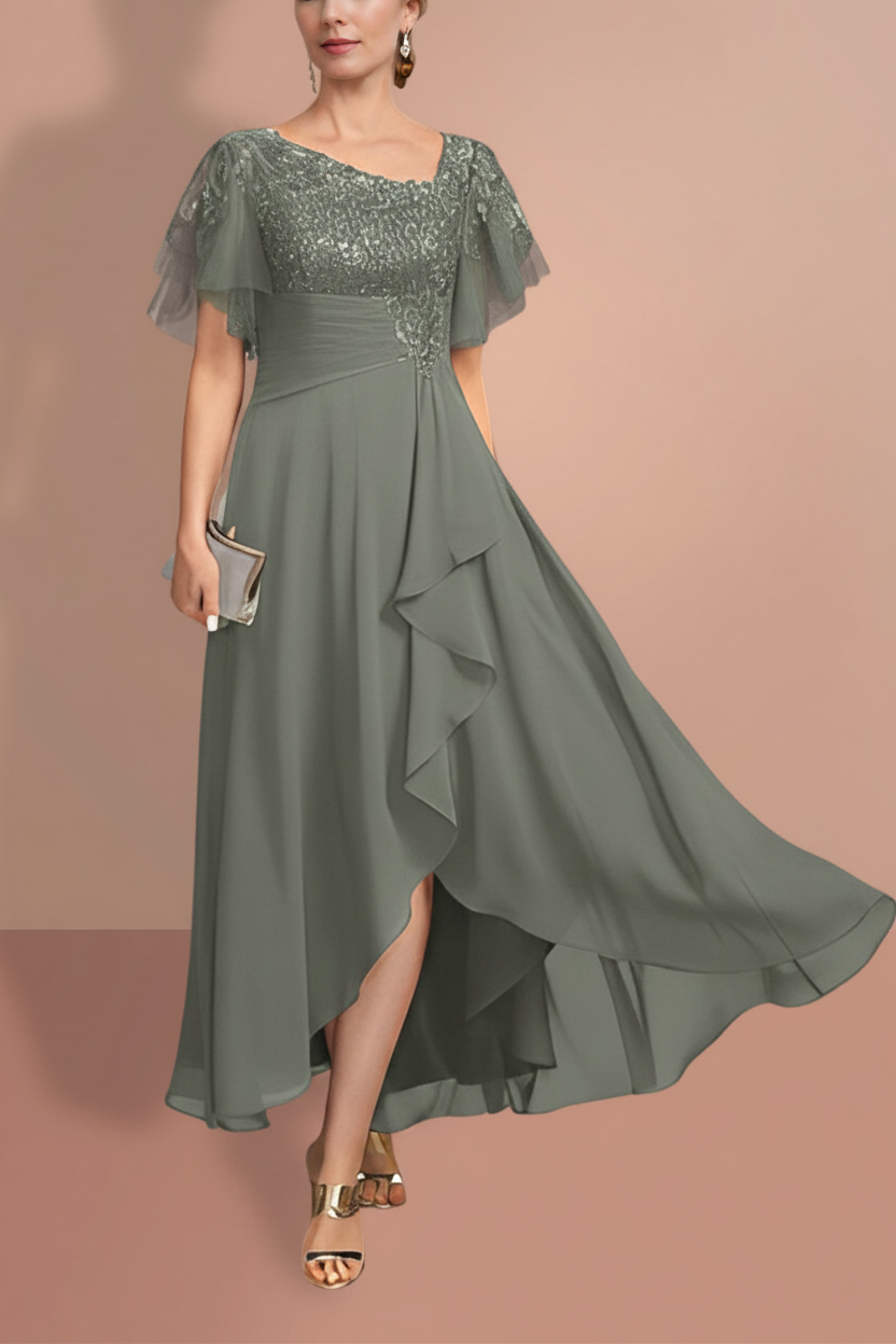 A-Line/Princess Short Sleeves Asymmetrical Mother of the Bride Dresses