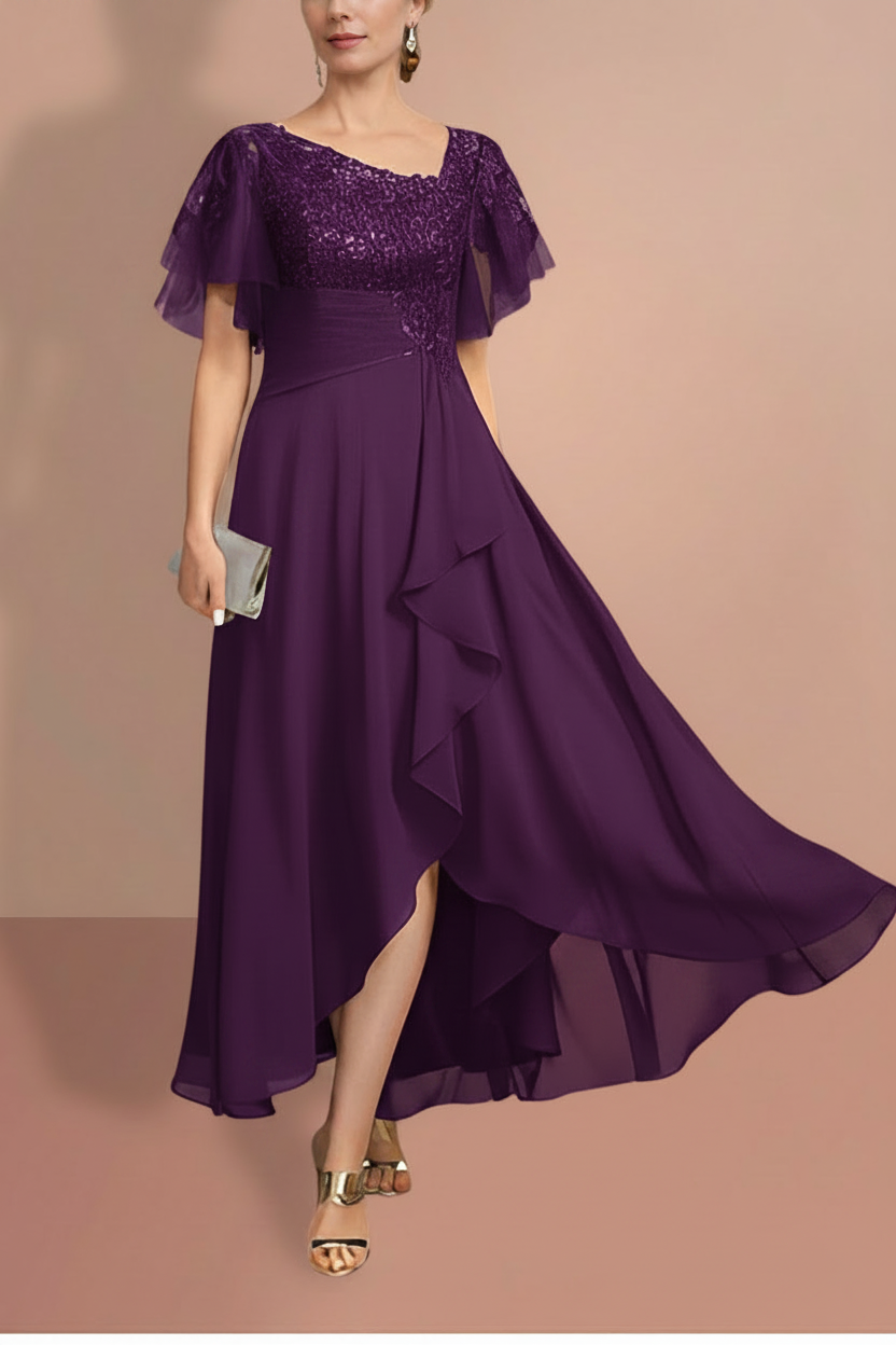 A-Line/Princess Short Sleeves Asymmetrical Mother of the Bride Dresses