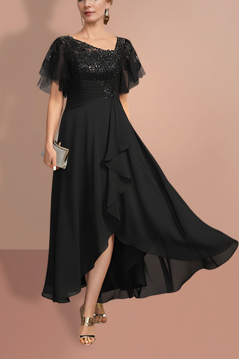 A-Line/Princess Short Sleeves Asymmetrical Mother of the Bride Dresses