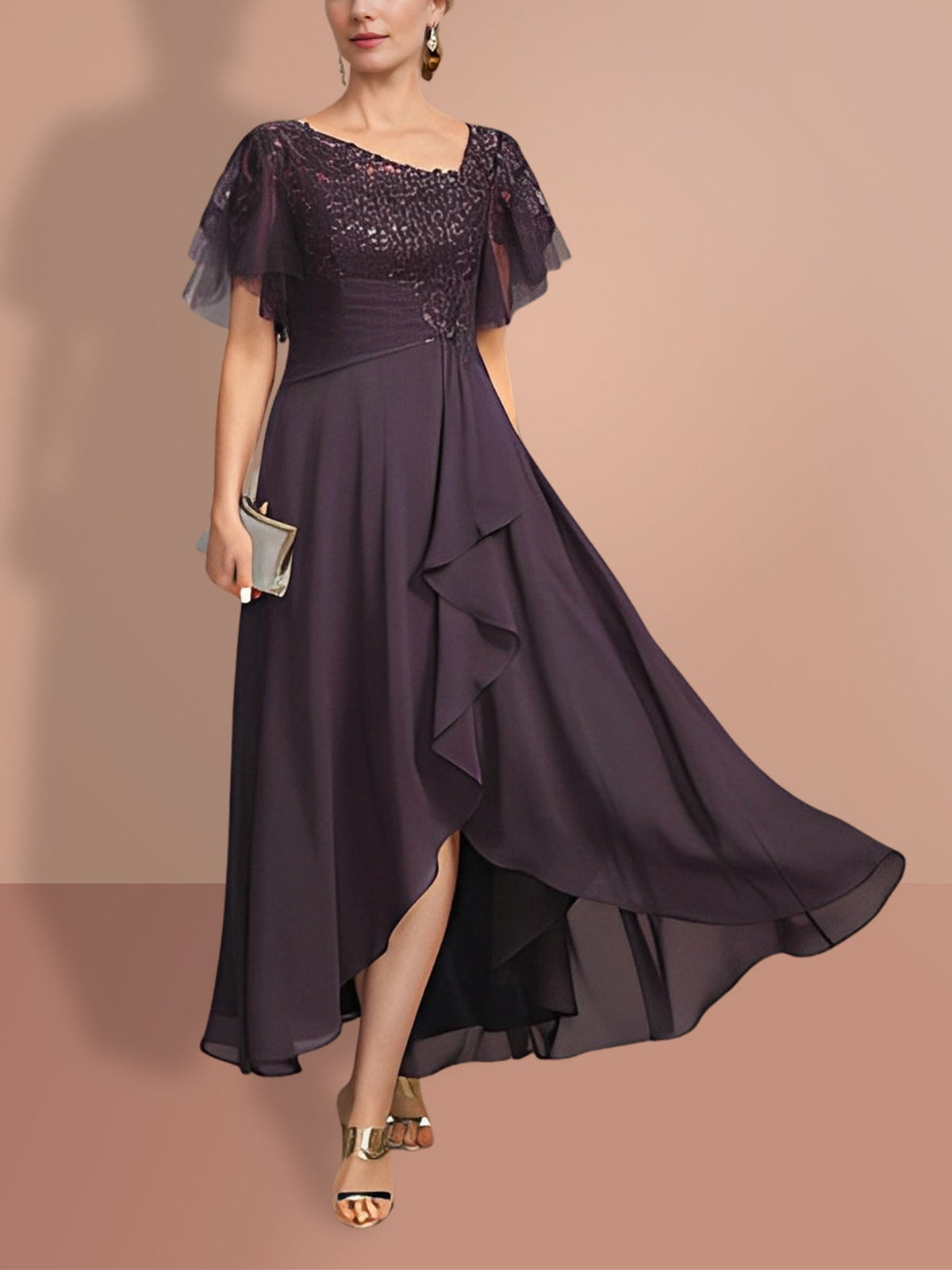 A-Line/Princess Short Sleeves Asymmetrical Mother of the Bride Dresses