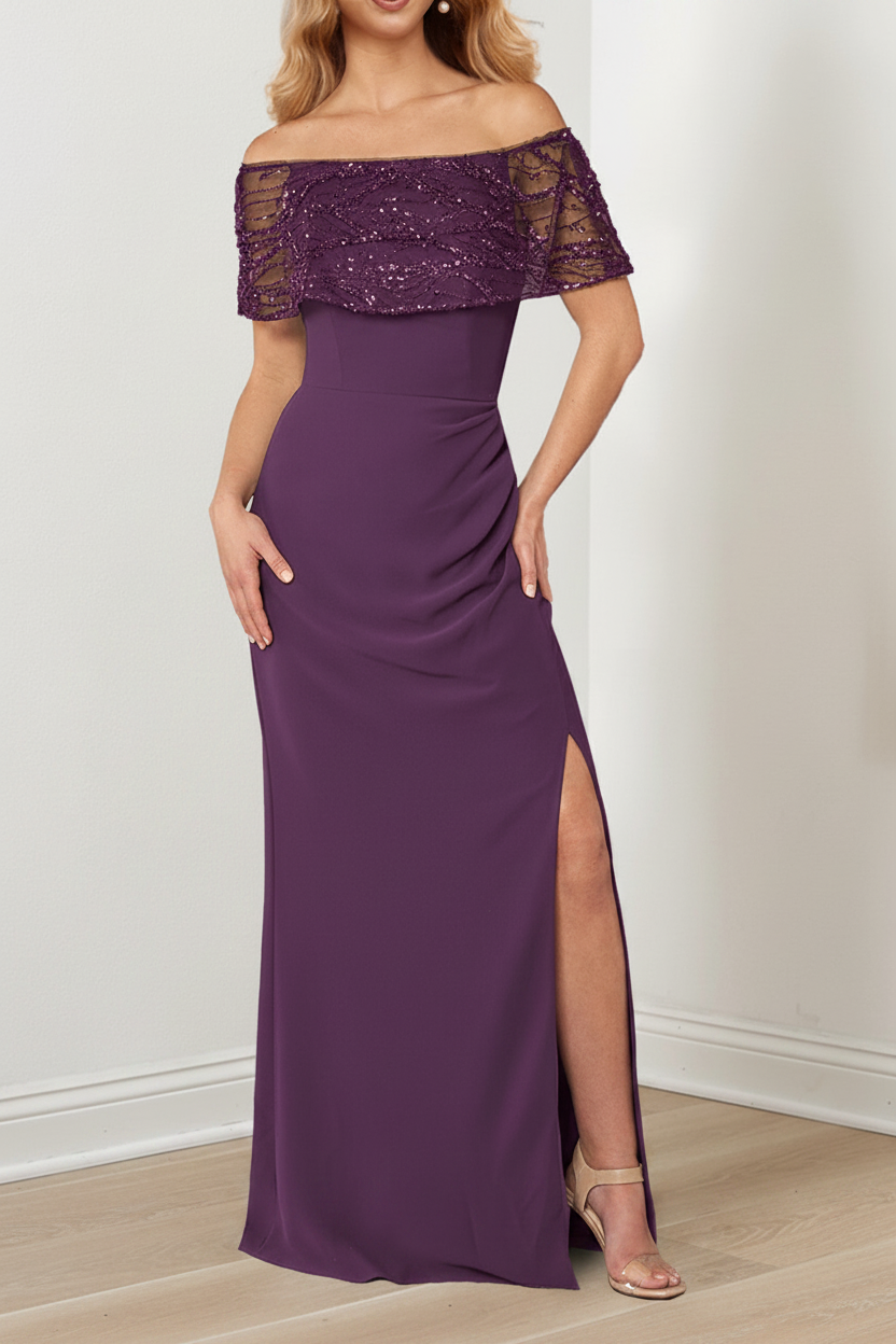 A-Line/Princess Sparkly Portrait Neckline Floor-Length Mother of the Bride Dresses