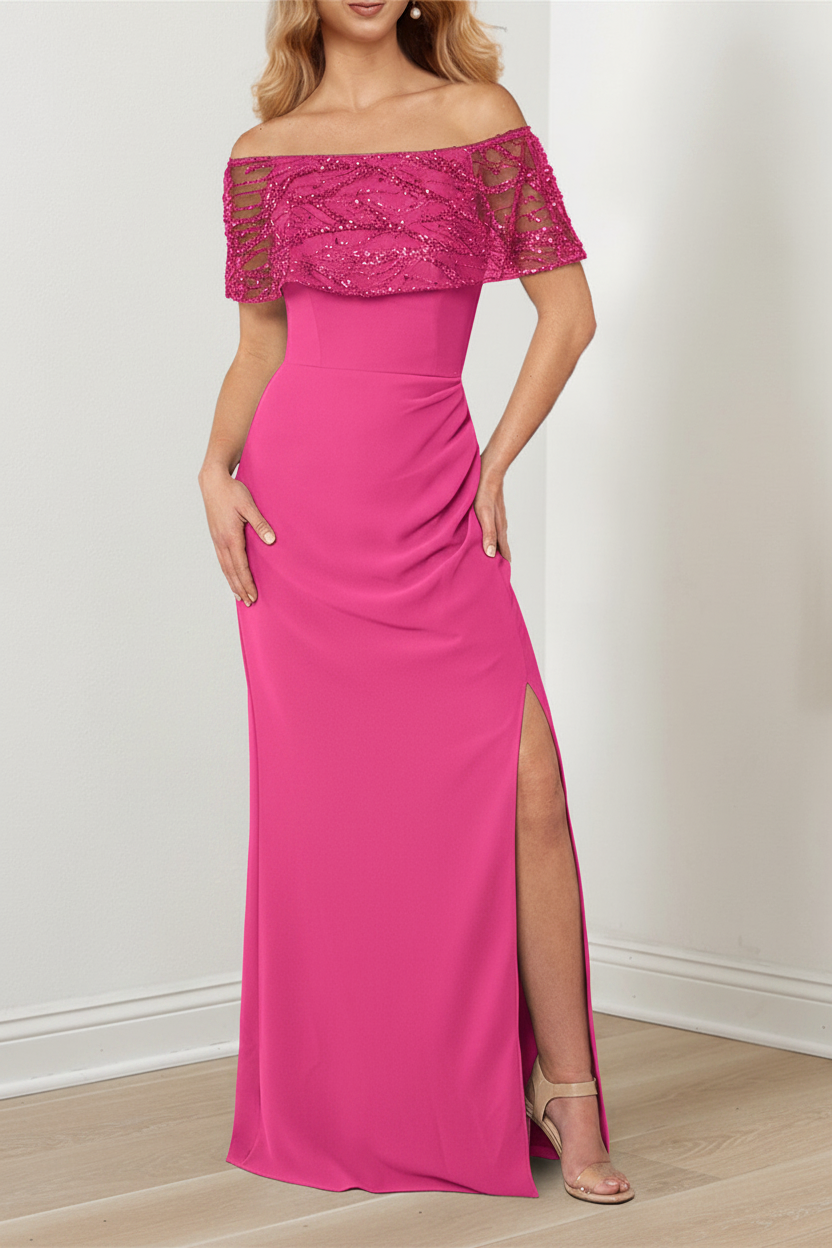 A-Line/Princess Sparkly Portrait Neckline Floor-Length Mother of the Bride Dresses