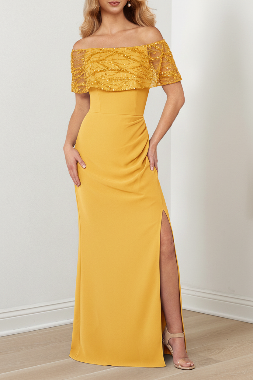 A-Line/Princess Sparkly Portrait Neckline Floor-Length Mother of the Bride Dresses