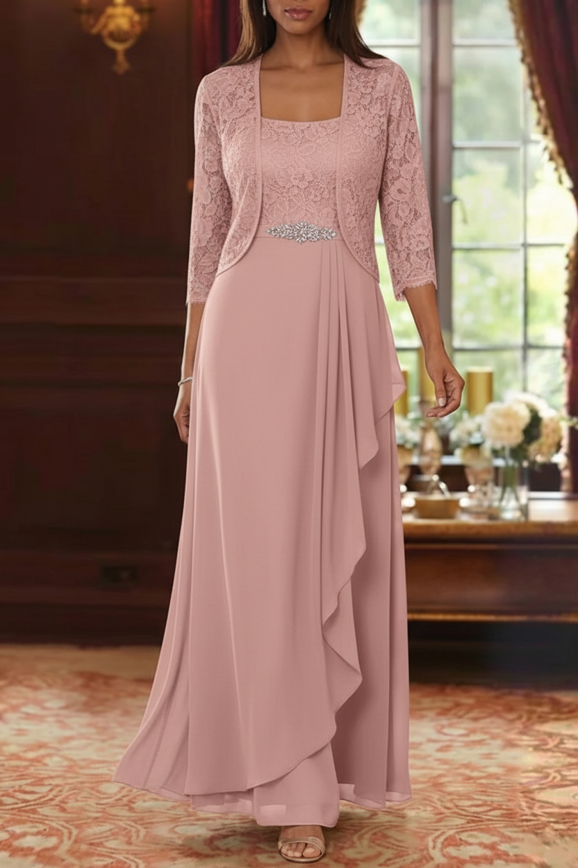 A-Line/Princess Square Collar Chiffon Mother of the Bride Dresses with Jacket Lace Ankle-Length 3/4 Sleeves