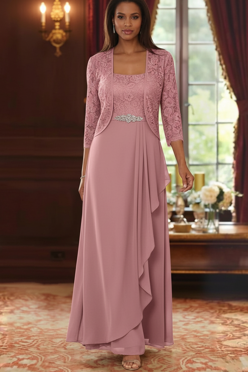 A-Line/Princess Square Collar Chiffon Mother of the Bride Dresses with Jacket Lace Ankle-Length 3/4 Sleeves