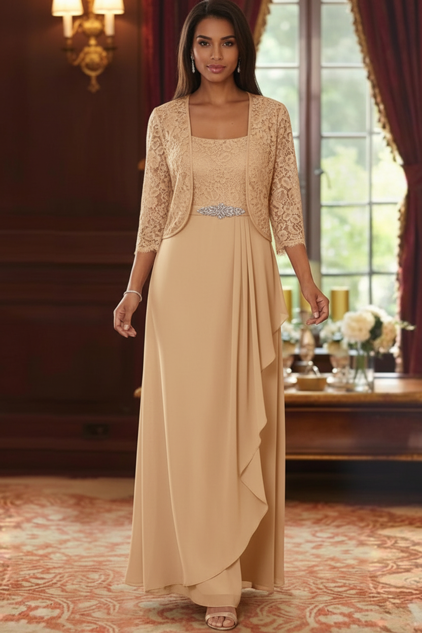 A-Line/Princess Square Collar Chiffon Mother of the Bride Dresses with Jacket Lace Ankle-Length 3/4 Sleeves
