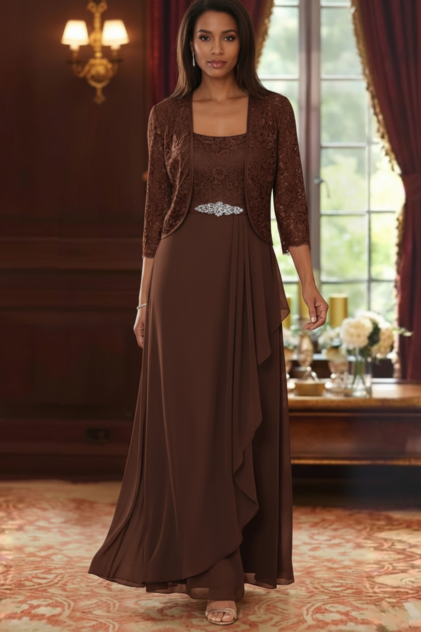 A-Line/Princess Square Collar Chiffon Mother of the Bride Dresses with Jacket Lace Ankle-Length 3/4 Sleeves