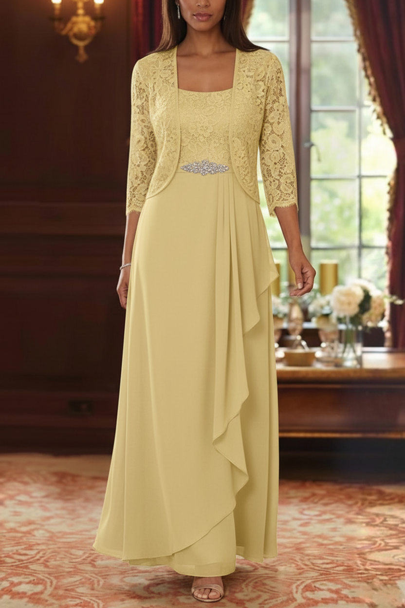 A-Line/Princess Square Collar Chiffon Mother of the Bride Dresses with Jacket Lace Ankle-Length 3/4 Sleeves