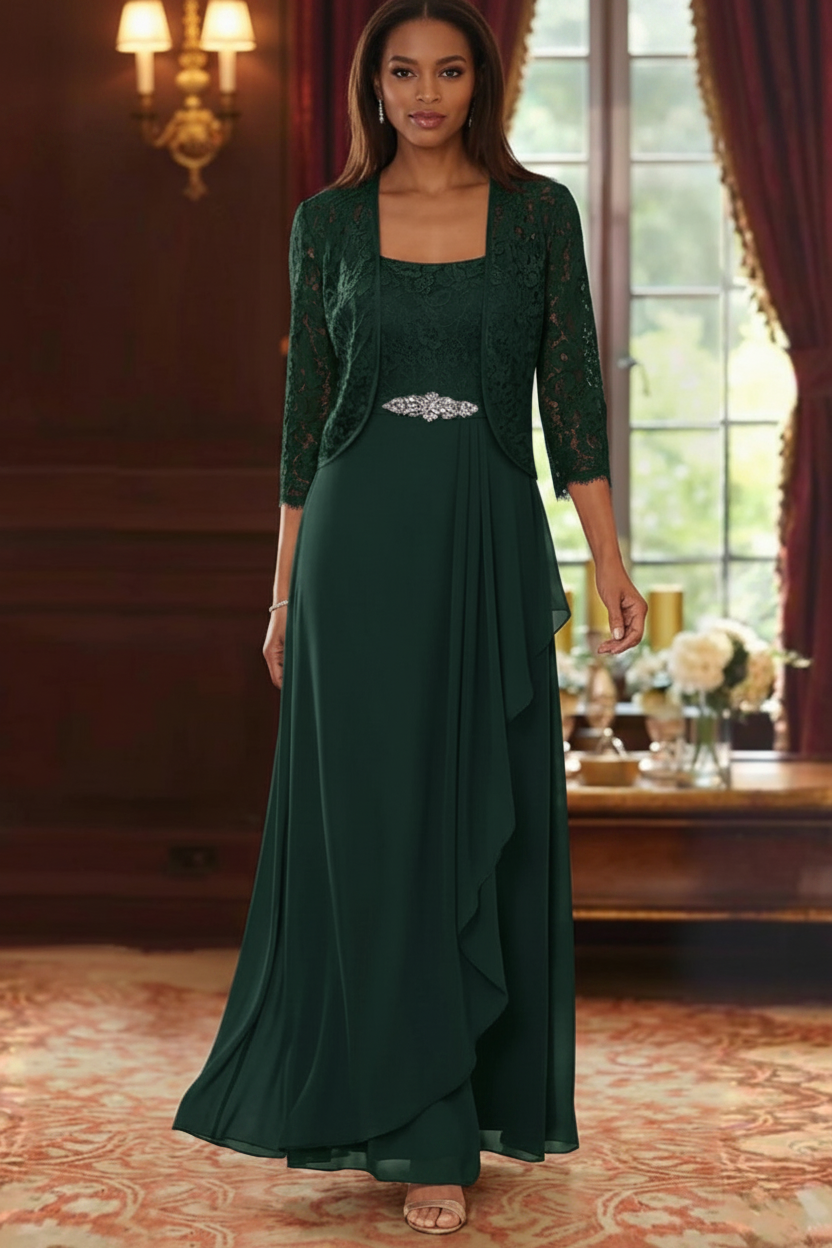 A-Line/Princess Square Collar Chiffon Mother of the Bride Dresses with Jacket Lace Ankle-Length 3/4 Sleeves