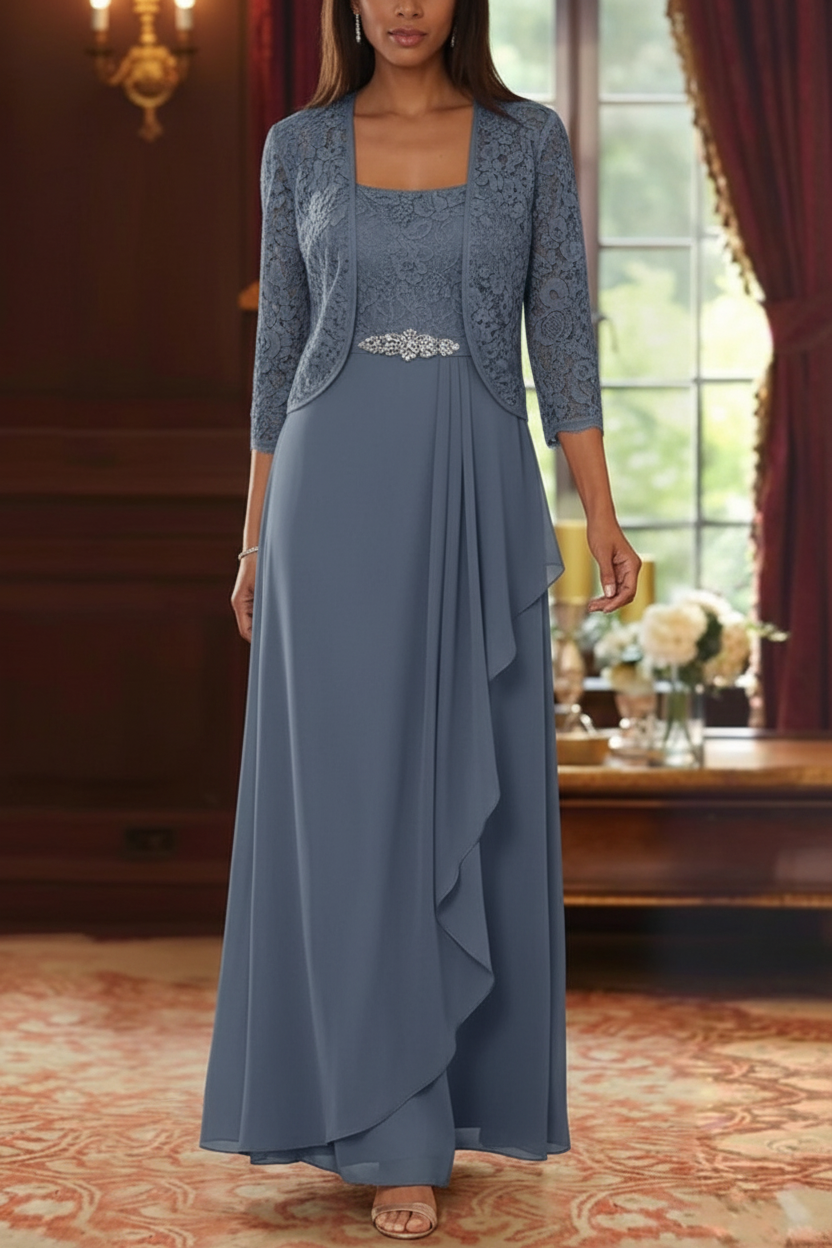 A-Line/Princess Square Collar Chiffon Mother of the Bride Dresses with Jacket Lace Ankle-Length 3/4 Sleeves