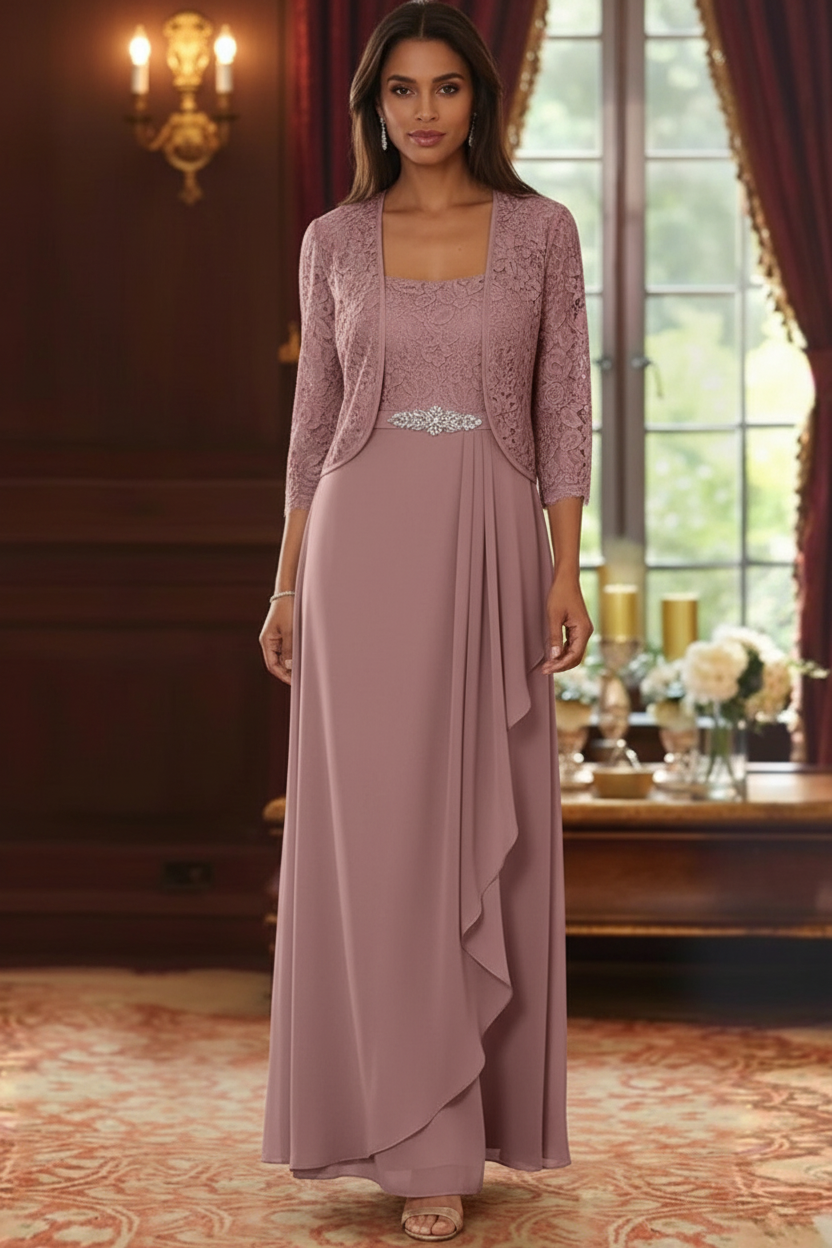 A-Line/Princess Square Collar Chiffon Mother of the Bride Dresses with Jacket Lace Ankle-Length 3/4 Sleeves