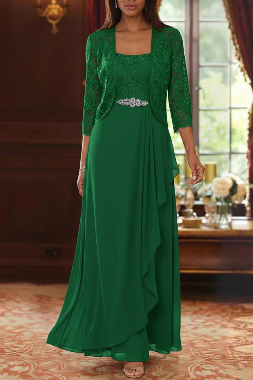A-Line/Princess Square Collar Chiffon Mother of the Bride Dresses with Jacket Lace Ankle-Length 3/4 Sleeves