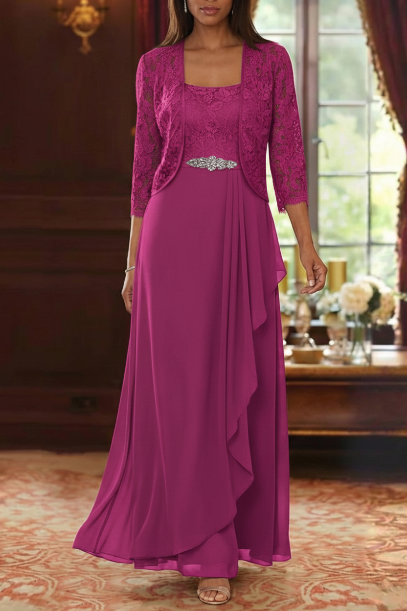 A-Line/Princess Square Collar Chiffon Mother of the Bride Dresses with Jacket Lace Ankle-Length 3/4 Sleeves
