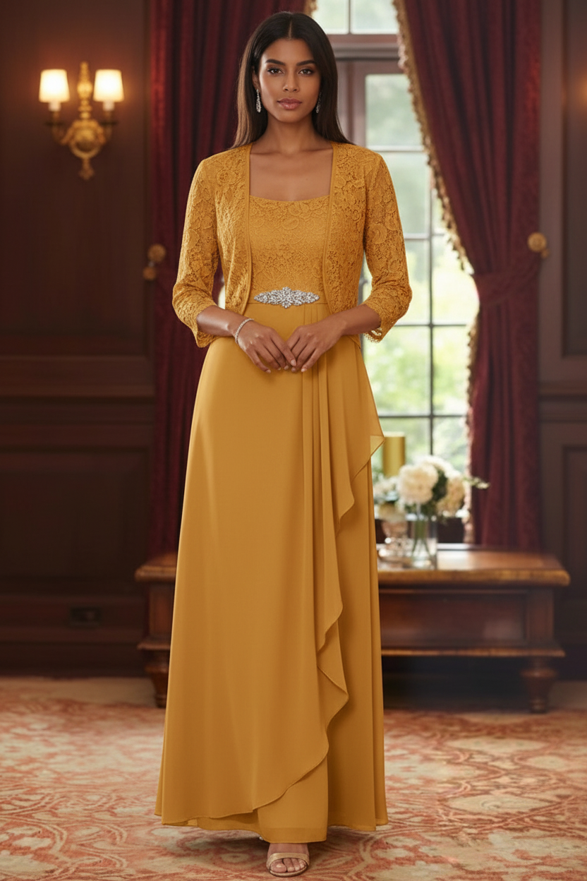 A-Line/Princess Square Collar Chiffon Mother of the Bride Dresses with Jacket Lace Ankle-Length 3/4 Sleeves