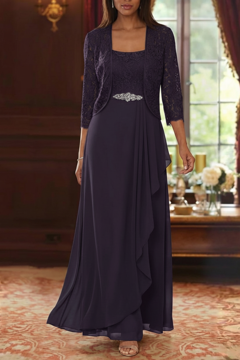 A-Line/Princess Square Collar Chiffon Mother of the Bride Dresses with Jacket Lace Ankle-Length 3/4 Sleeves