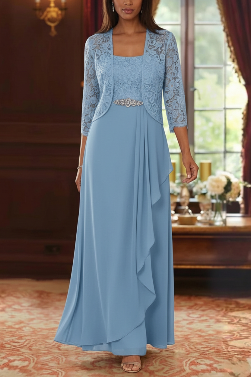 A-Line/Princess Square Collar Chiffon Mother of the Bride Dresses with Jacket Lace Ankle-Length 3/4 Sleeves