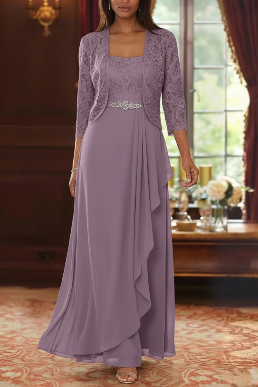 A-Line/Princess Square Collar Chiffon Mother of the Bride Dresses with Jacket Lace Ankle-Length 3/4 Sleeves