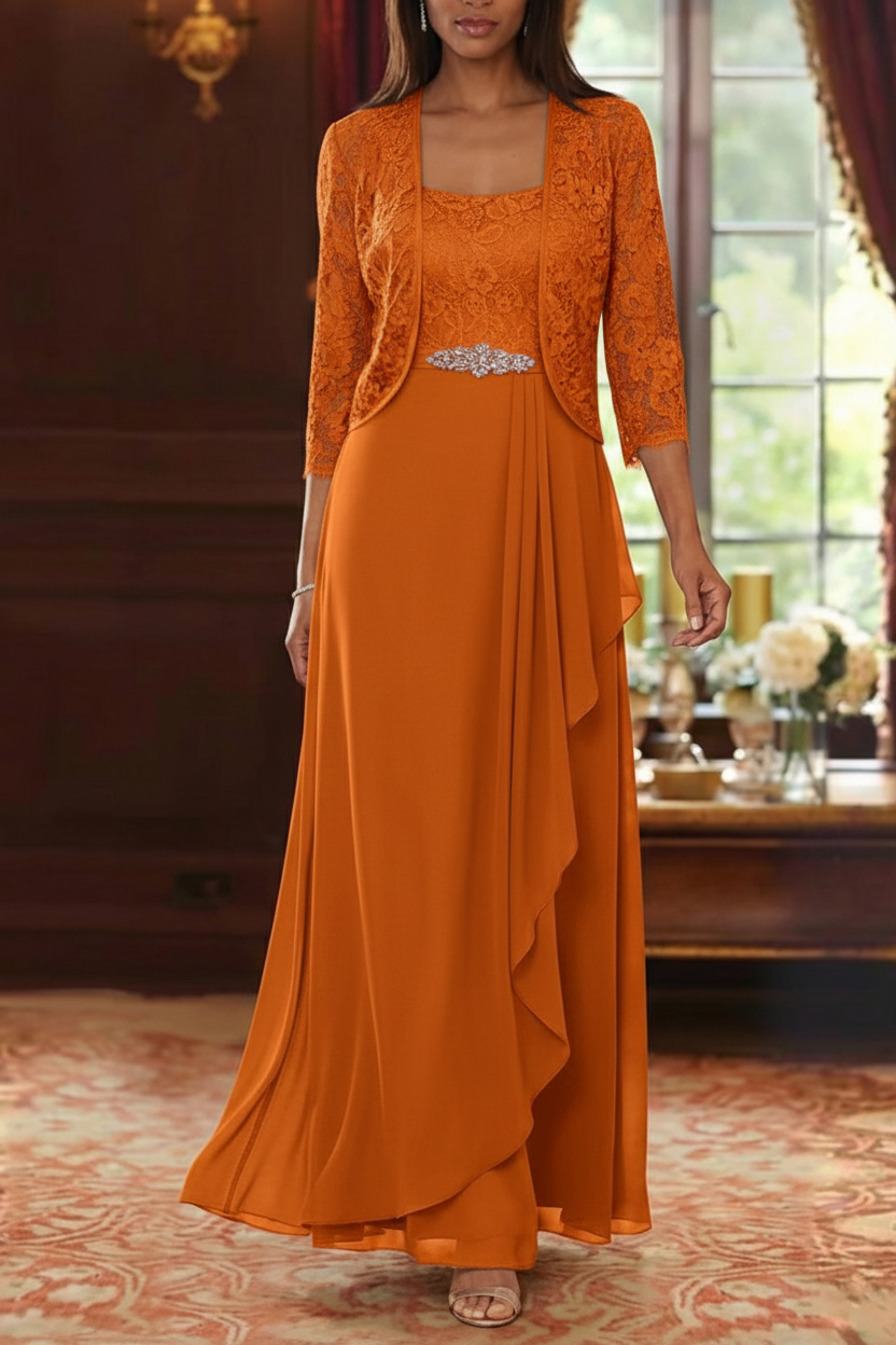 A-Line/Princess Square Collar Chiffon Mother of the Bride Dresses with Jacket Lace Ankle-Length 3/4 Sleeves