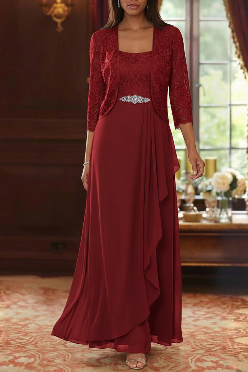 A-Line/Princess Square Collar Chiffon Mother of the Bride Dresses with Jacket Lace Ankle-Length 3/4 Sleeves