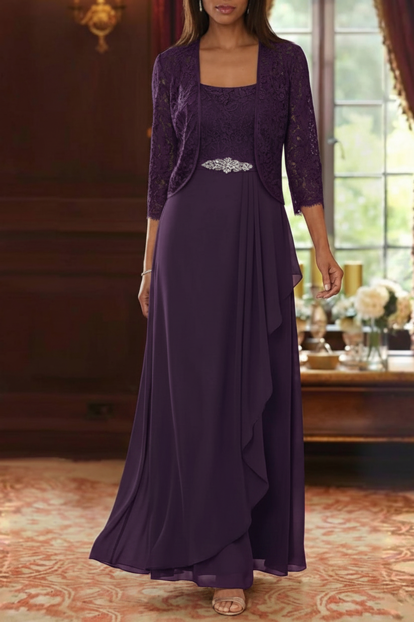 A-Line/Princess Square Collar Chiffon Mother of the Bride Dresses with Jacket Lace Ankle-Length 3/4 Sleeves