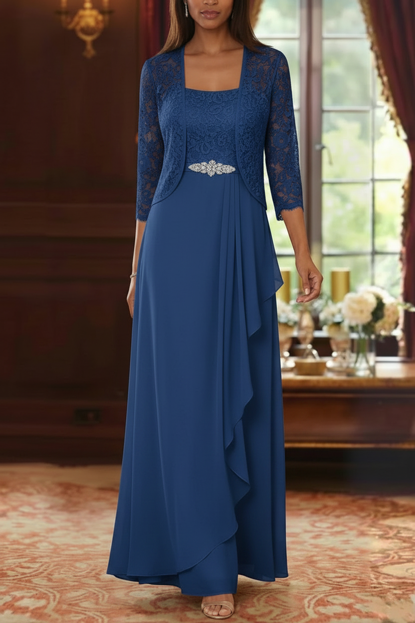 A-Line/Princess Square Collar Chiffon Mother of the Bride Dresses with Jacket Lace Ankle-Length 3/4 Sleeves