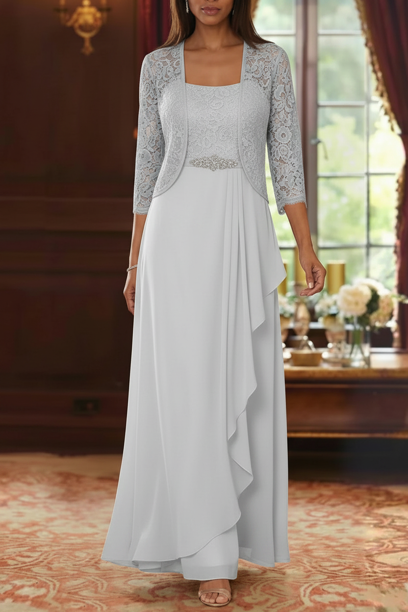 A-Line/Princess Square Collar Chiffon Mother of the Bride Dresses with Jacket Lace Ankle-Length 3/4 Sleeves