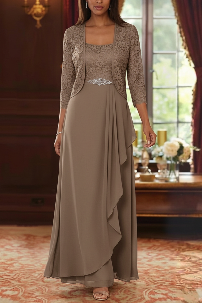 A-Line/Princess Square Collar Chiffon Mother of the Bride Dresses with Jacket Lace Ankle-Length 3/4 Sleeves